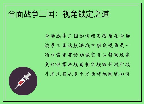 全面战争三国：视角锁定之道